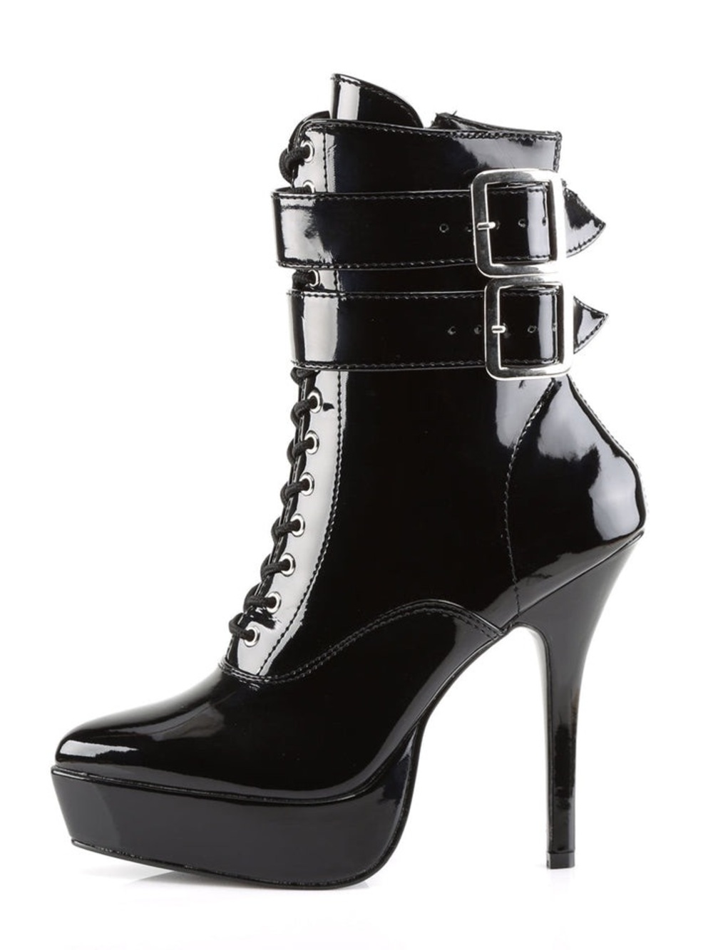 Devious by Pleaser, Black Patent Lace-Up Platform Ankle Boots with Dual Buckles